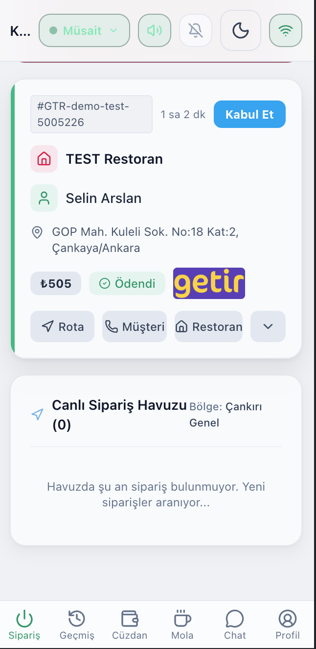Benuka kurye uygulaması · aktif sipariş ve kazanç ekranı