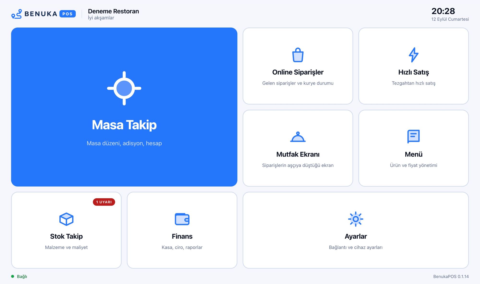 BenukaPOS ana ekranı: masa takip, online siparişler, hızlı satış, mutfak, menü, stok, finans